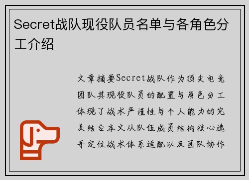 Secret战队现役队员名单与各角色分工介绍