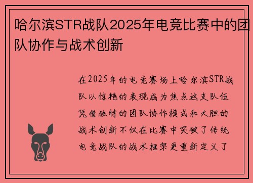 哈尔滨STR战队2025年电竞比赛中的团队协作与战术创新